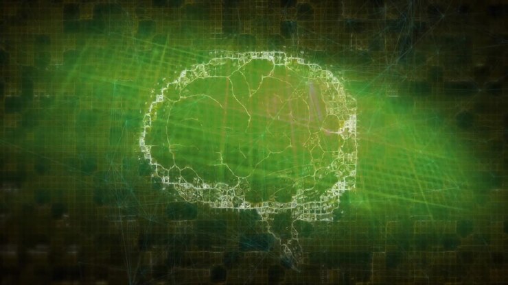 Teschio digitale e animazione di circuiti su sfondo verde e nero