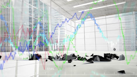 animación del procesamiento de datos financieros sobre el símbolo del dólar roto y el paisaje urbano