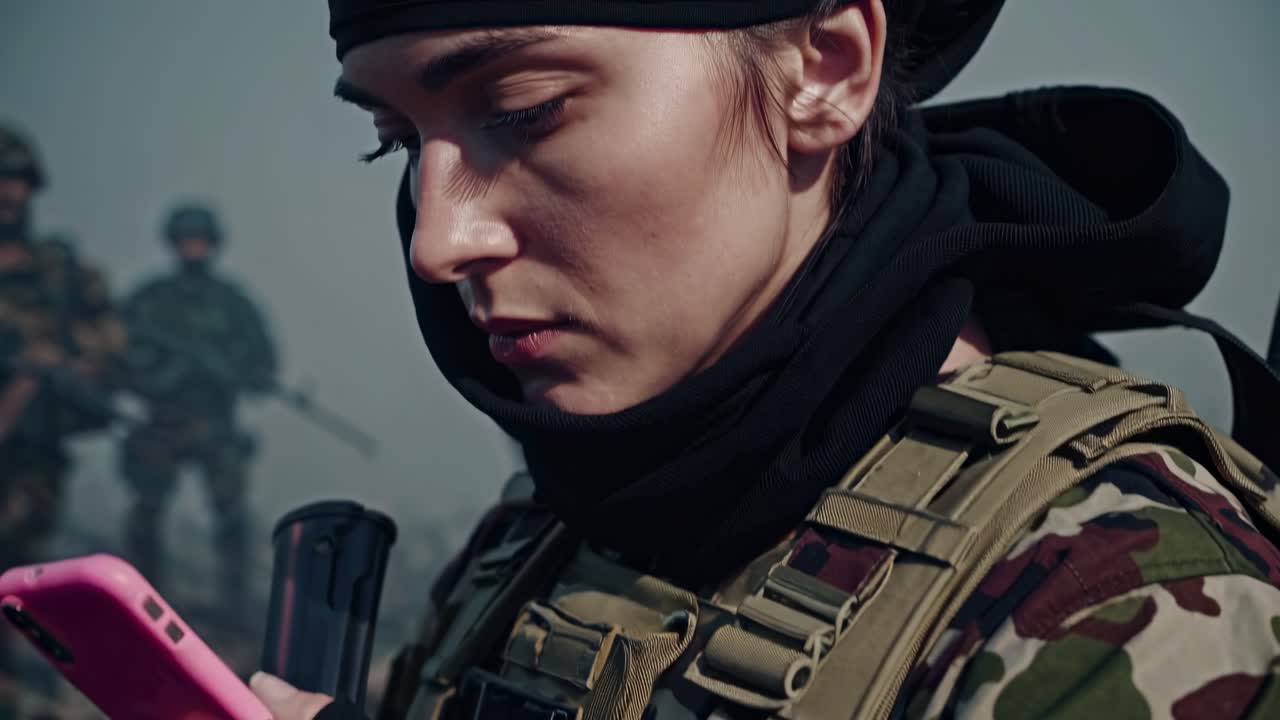 Female soldier standing amid smoky battlefield, using smartphone while military squad advances, embodying determination and focus during intense combat operation