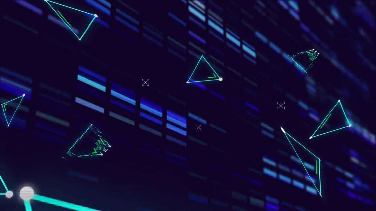 Animation of multiple green triangles over flashing blue rectangles