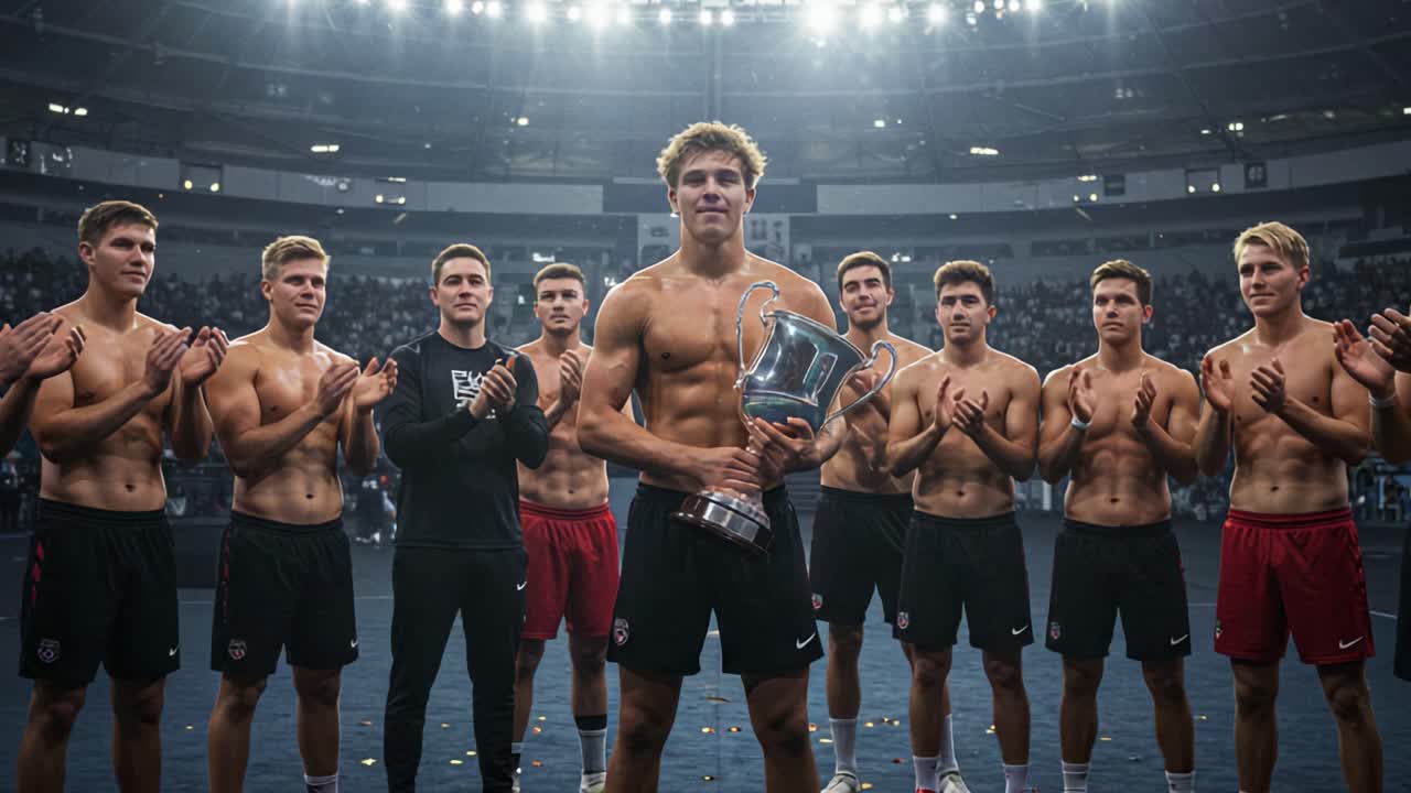 Celebration of Victory: A Champion Holds the Trophy Surrounded by Teammates in a Thundering Atmosphere of Triumph and Achievement