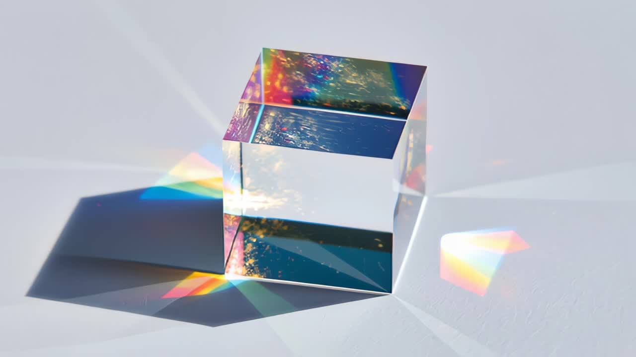Imagens em close-up de um prisma de cubo de vidro transparente em uma superfície branca, criando refração e reflexos coloridos de arco-íris com luz solar brilhante e sombras suaves.