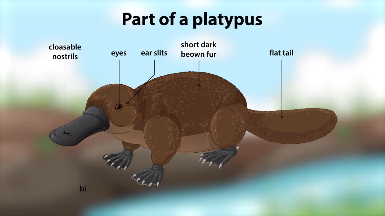 Educational animation sequentially labels platypus anatomy, using smooth transitions and clear callouts over a cartoon platypus in a natural riverside setting