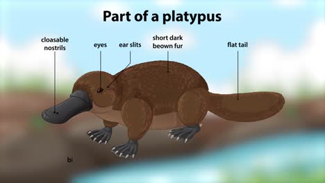 educational animation sequentially labels platypus anatomy, using smooth transitions and clear callouts over a cartoon platypus in a natural riverside setting