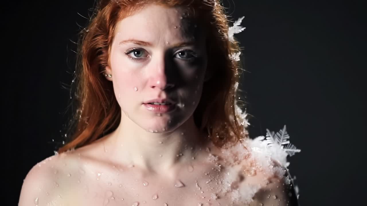 A Frozen Portrait: Captivating Close-Up of a Girl with Red Hair, Snowflakes, and Water Droplets, Creating a Stunning Contrast Against a Dark Background
