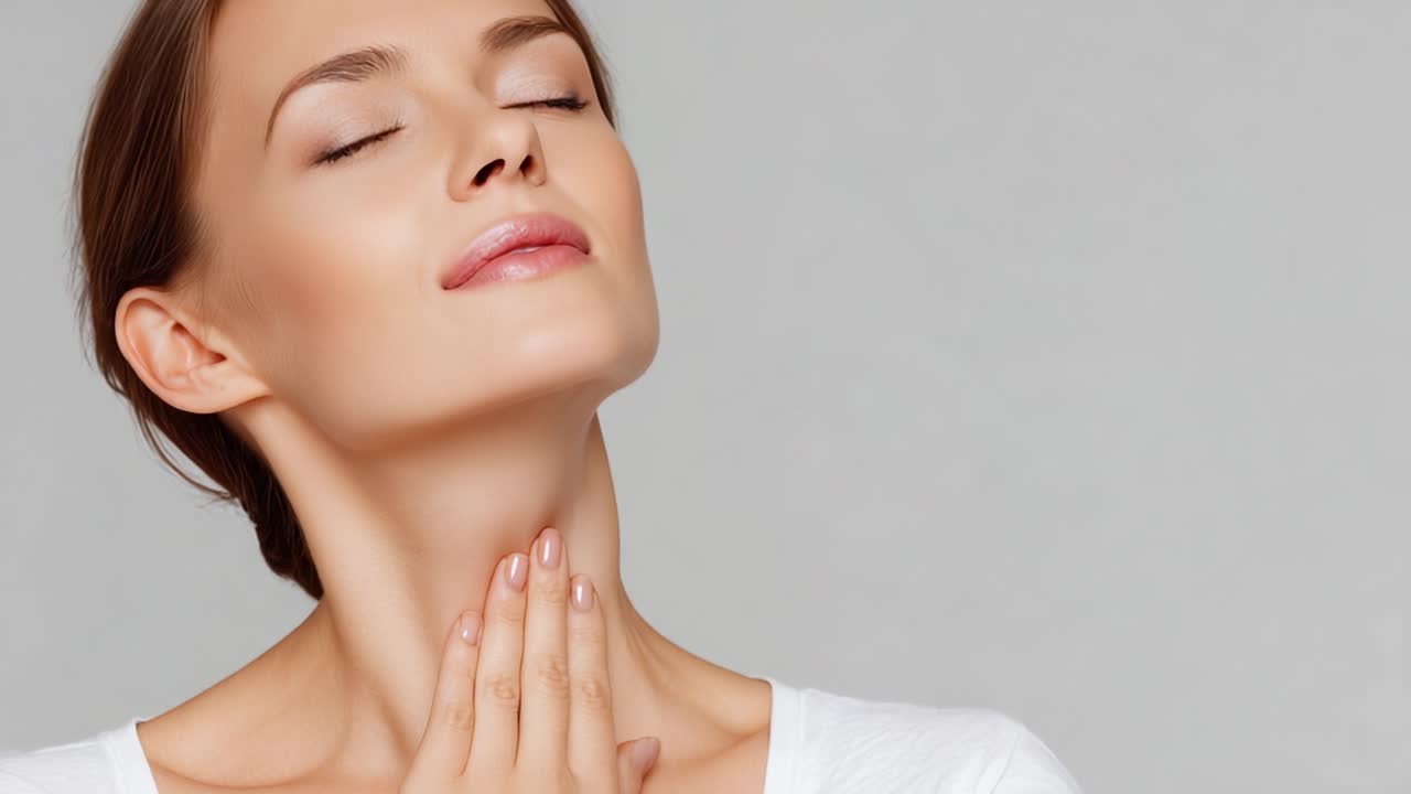 Bellezza serena: Un ritratto accattivante di una giovane donna che abbraccia il relax e la fiducia con gesti aggraziati e un'espressione dolce sul viso.