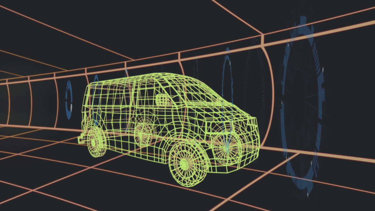 In animation, futuristic van model moving through digital tunnel with glowing lines