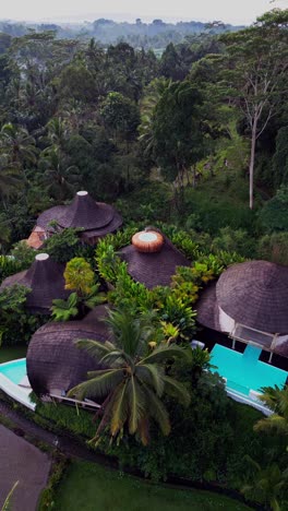 bali bamboo villas with private pools offer a luxury jungle escape surrounded by ricefields and tropical greenery captured from above in a cinematic vertical drone perspective.