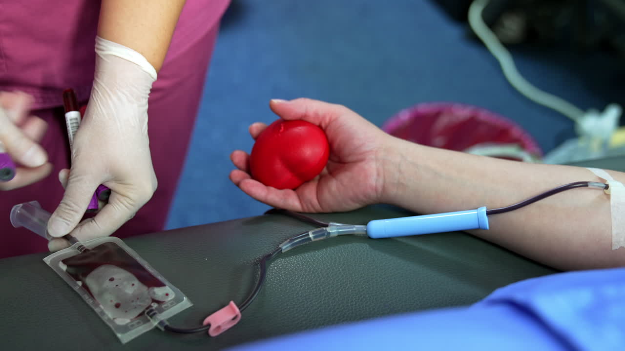 Unrecognized nurse in latex gloves fills the test tubes with donor's blood. Person donating blood holding a red heart.
