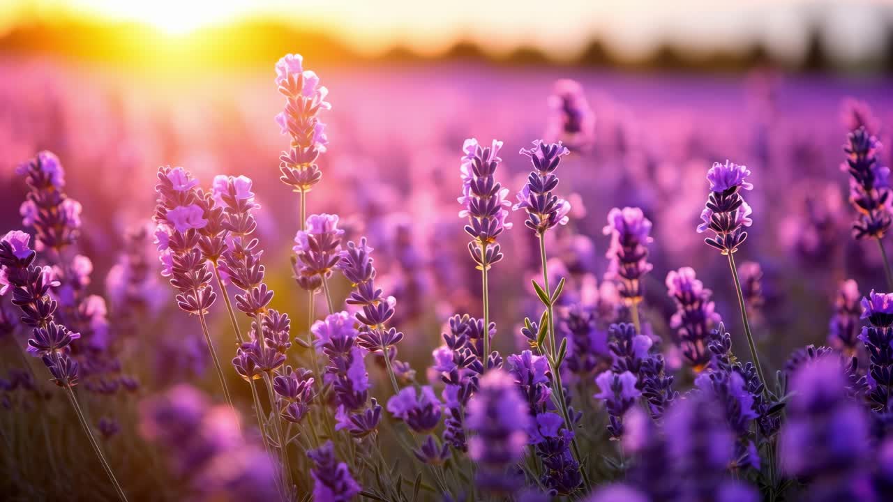A serene video scene of lavender fields at sunrise, captured from a low angle, highlighting vibrant