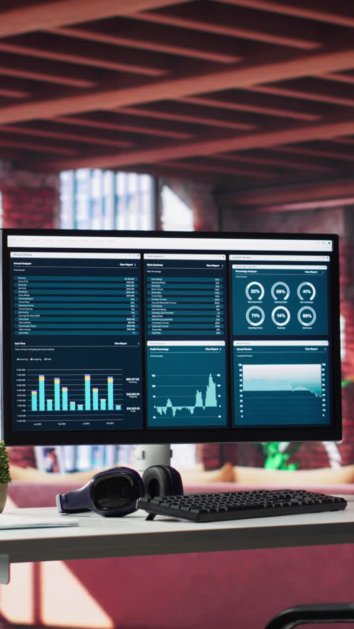 Vertical Video Modern home office with desktop PC monitor displaying business analytics