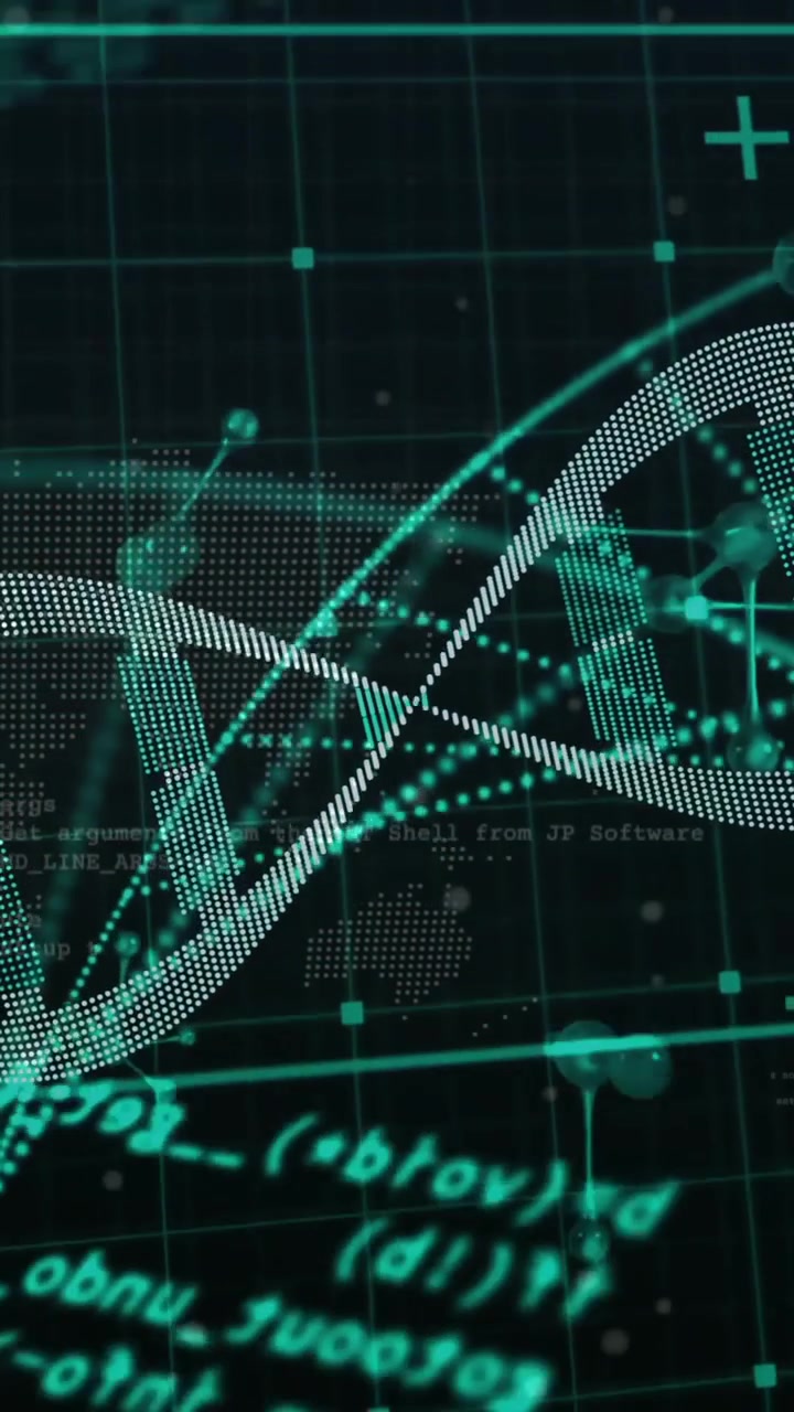 Animazione di elaborazione dati su filamento di DNA e molecole su sfondo nero