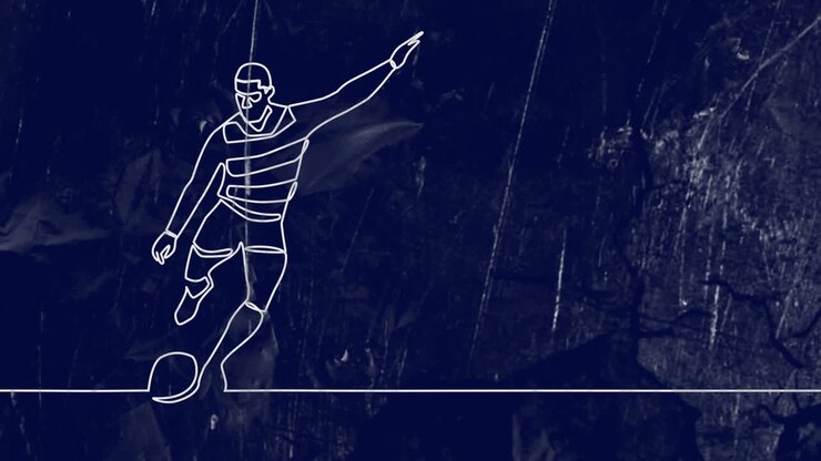 Animation of drawing of male rugby player kicking ball and shapes on blue background