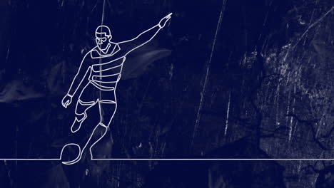 animación de dibujo de un jugador de rugby masculino pateando la pelota y formas en fondo azul
