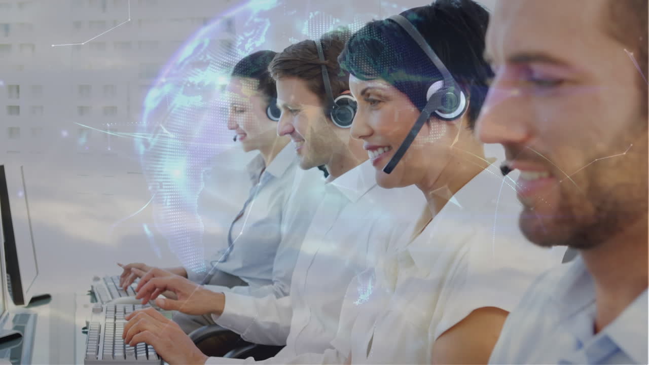 animación del globo sobre la gente de negocios usando auriculares de teléfono