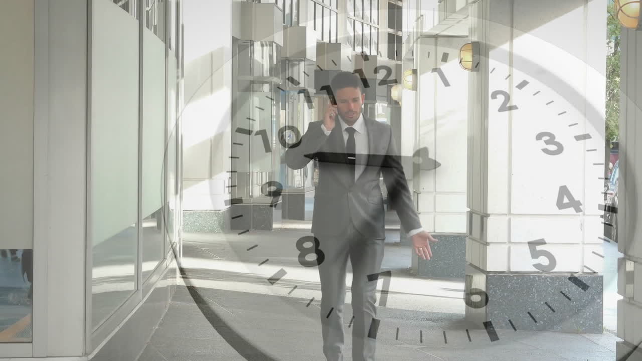 Animação de relógio com ponteiros em movimento rápido sobre um empresário caucasiano caminhando e falando ao smartphone.