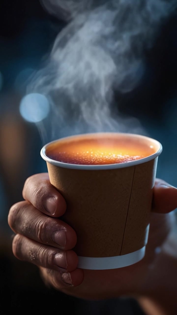 Una persona tiene una tazza fumante di bevanda calda, mostrando una scena confortante e invitante perfetta per momenti di relax e calore in un'atmosfera accogliente
