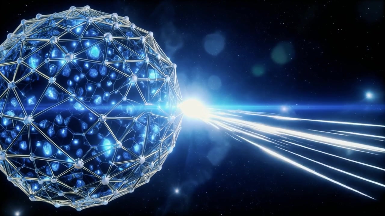 Abstract Glowing Geometric Sphere Emitting Light Beams in Space