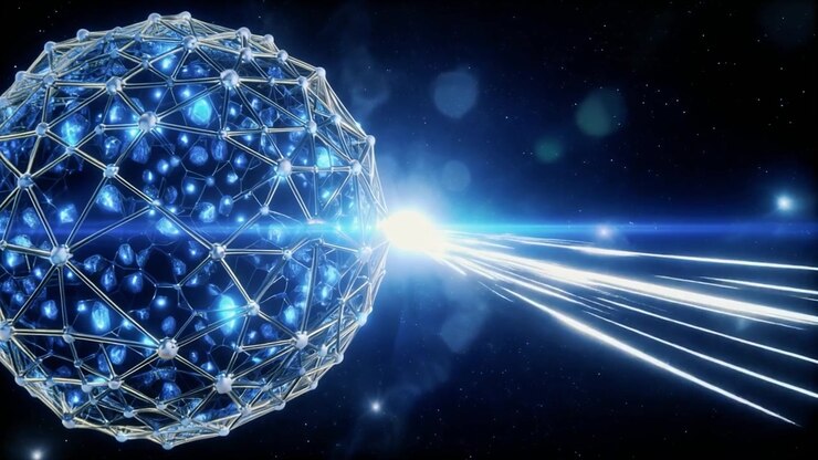 Abstrakt glødende geometrisk sfære, der udsender lysstråler i rummet