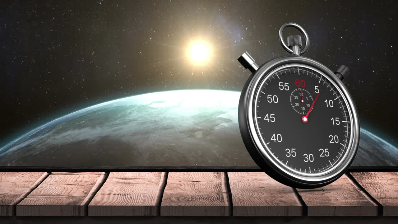 animación de stop watch sobre el sol saliendo sobre la tierra girando