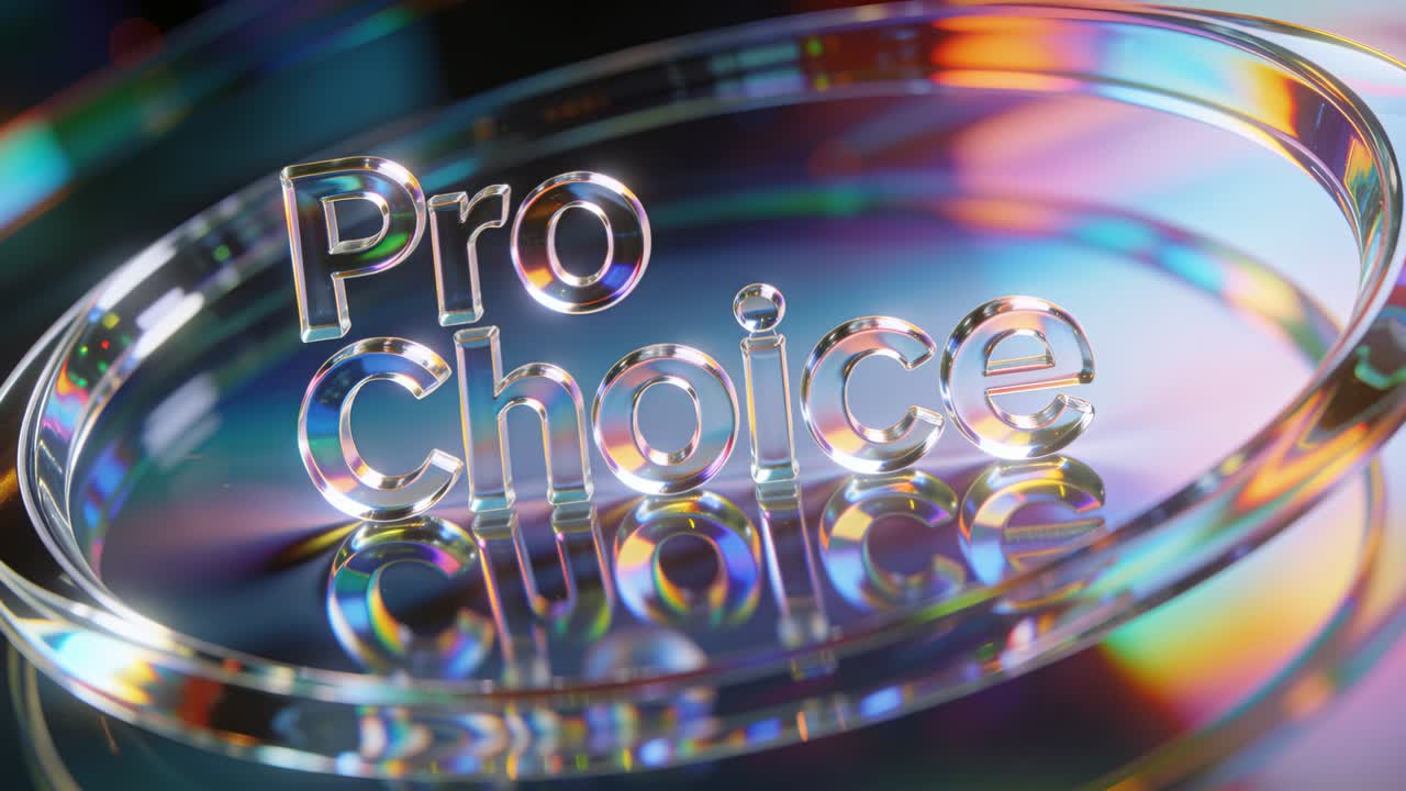 Shifting lights and pullback revealing 3D glass Pro Choice text on dish, showcasing rainbow flares