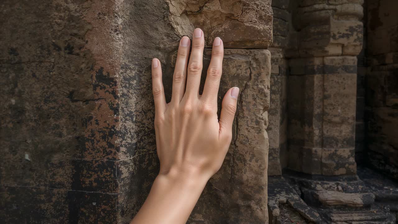 Approaching bare right hand pressing against ruin stone pillar seam, feeling carved masonry