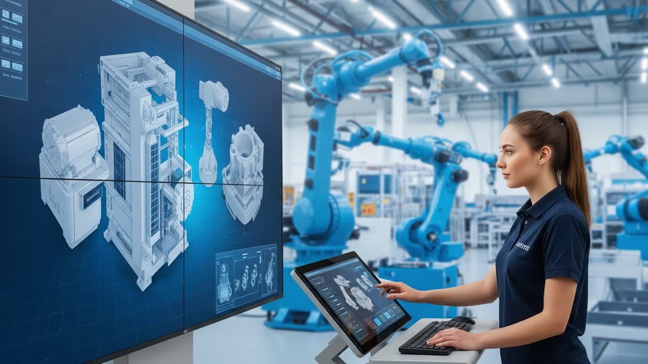 A Skilled Engineer Analyzes High-Tech Robotics Displays in a Modern Industrial Environment with Advanced Visualizations and Innovative Machinery at Work