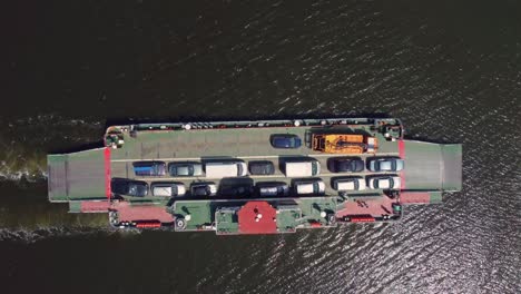 aerial view of ferry boat transport cars in the river. beloslav, bulgaria