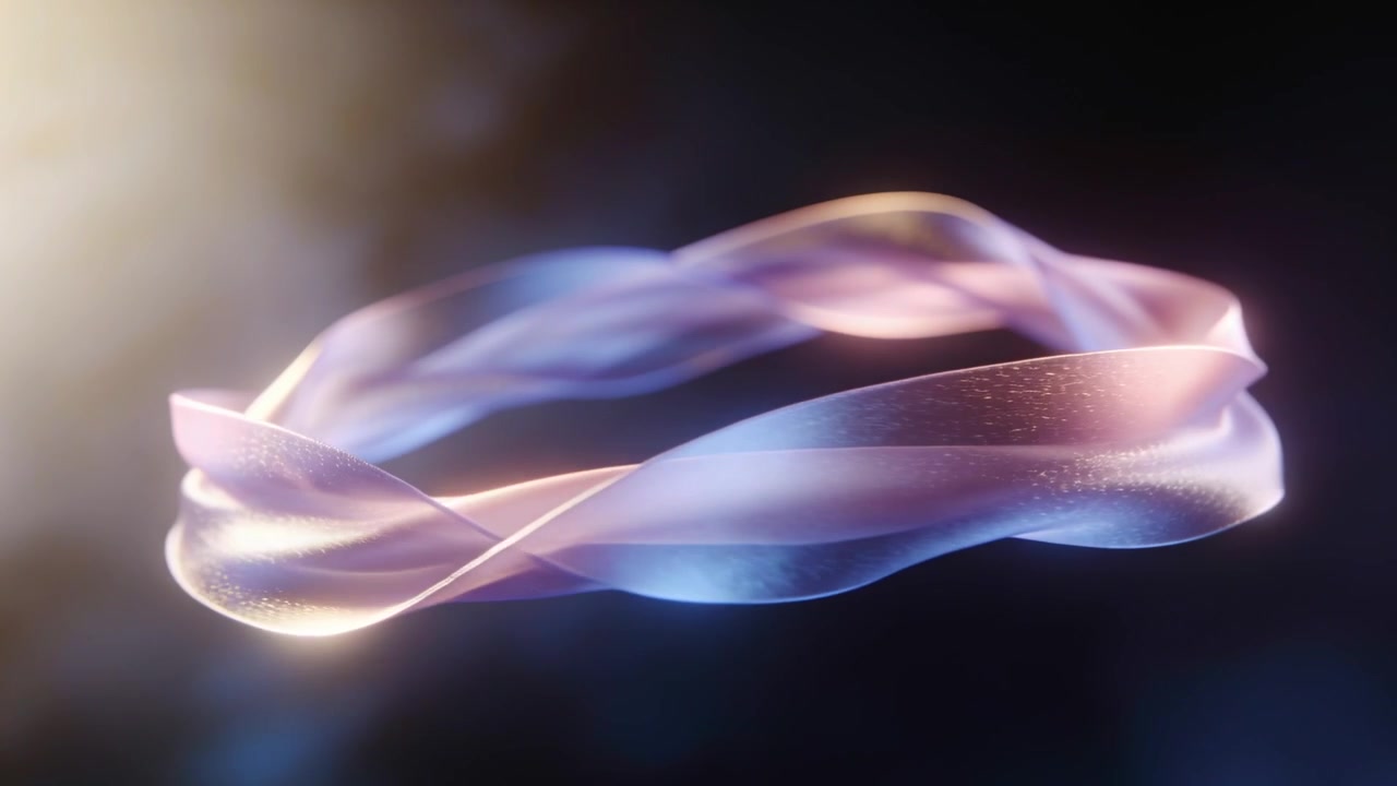 Floating iridescent ribbon twisting in studio, being lit by warm left light and showing gold flecks