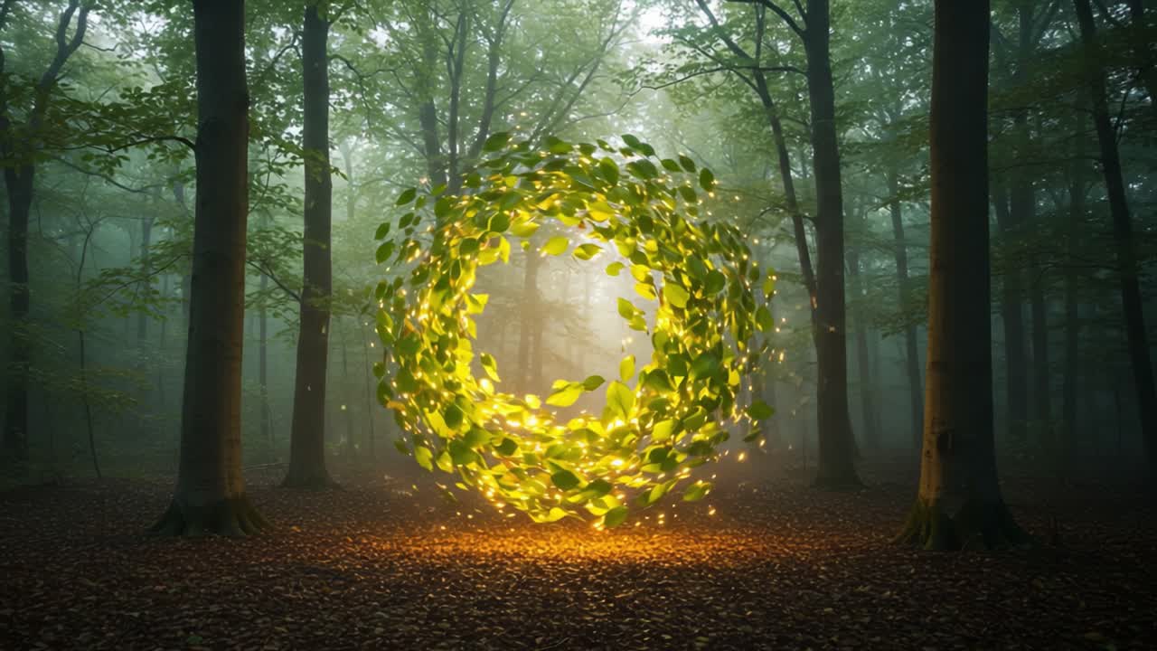 Enchanting Green Portal Surrounded by Majestic Trees in a Mystical Forest Glowing with Magical Light and Floating Leaves Signifying Nature's Beauty