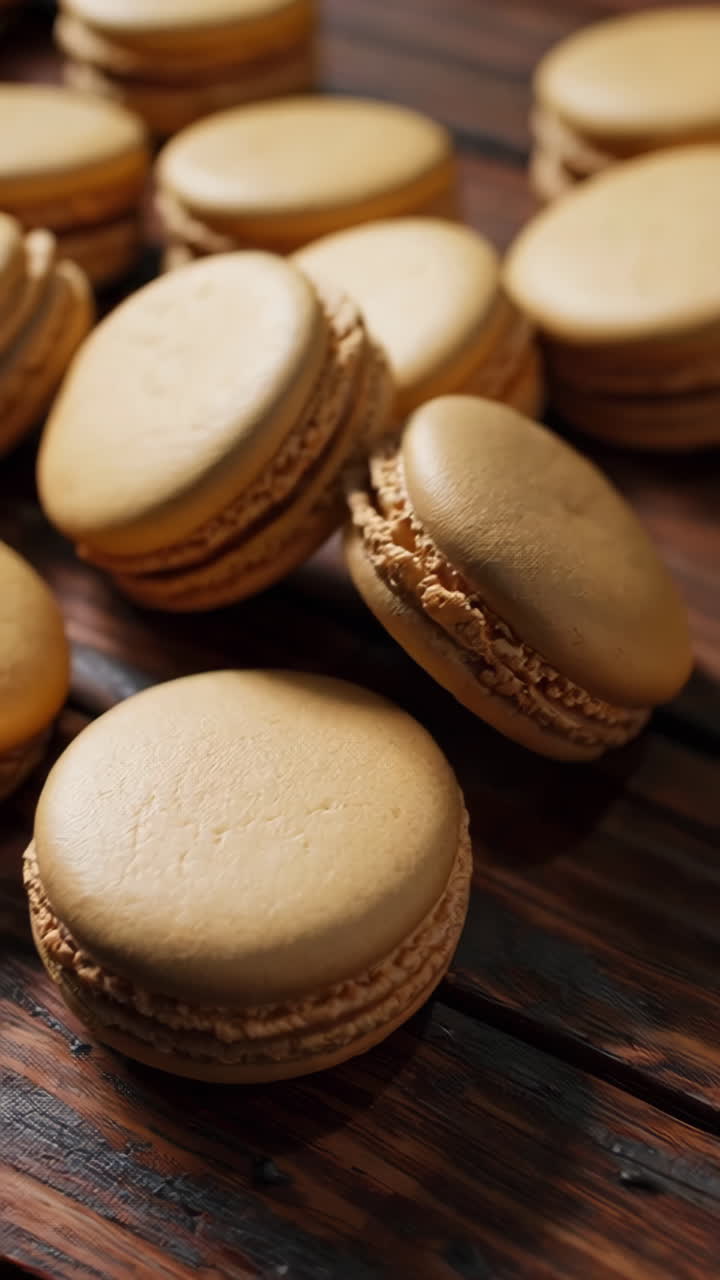 Golden Macarons on a Wooden Table
