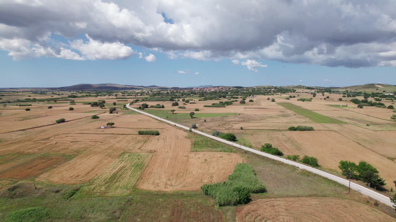 건조한 갈색 초원 농장 토지 사이의 휘어지는 색 도로 곡선은 어져있는 나무로 이어집니다.