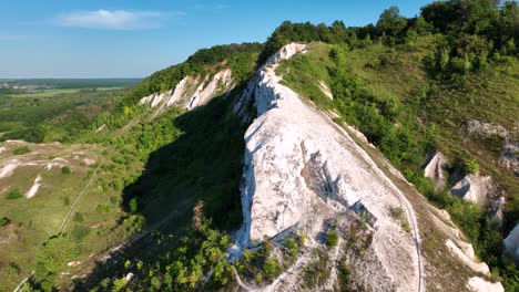 white cliffs and lush forest landscape