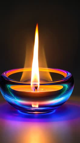 a close-up, eye-level view of a vibrant, multicolored glass candle holder with a glowing flame