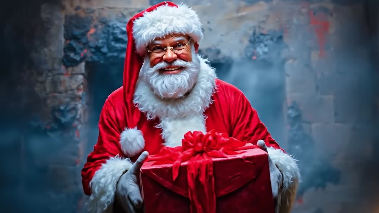 A man dressed as Santa Claus holding a red gift box
