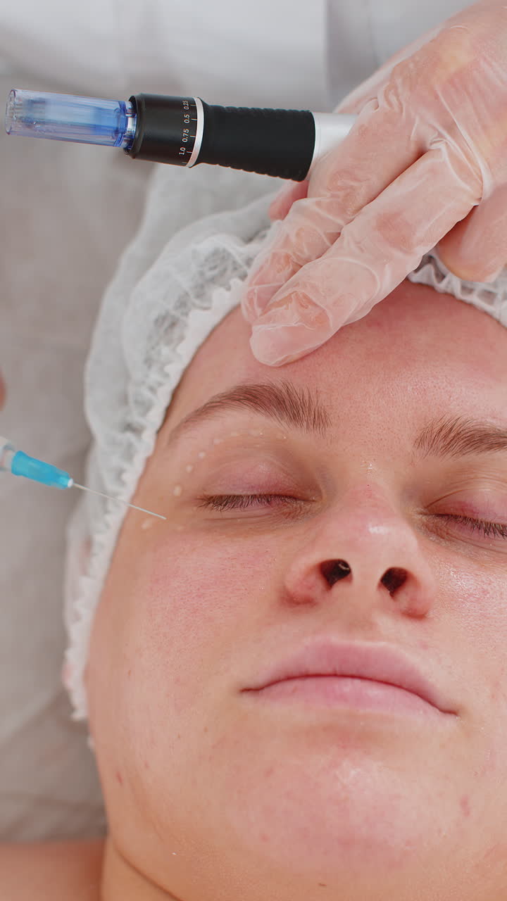 cosmetólogo haciendo el procedimiento de peeling mujer regeneración de la piel dermapen microneedling dermastamp