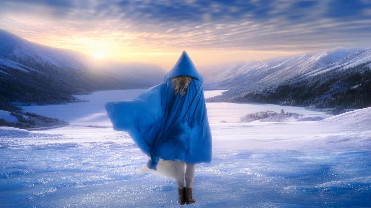 Ragazza con mantello blu in un paesaggio invernale innevato
