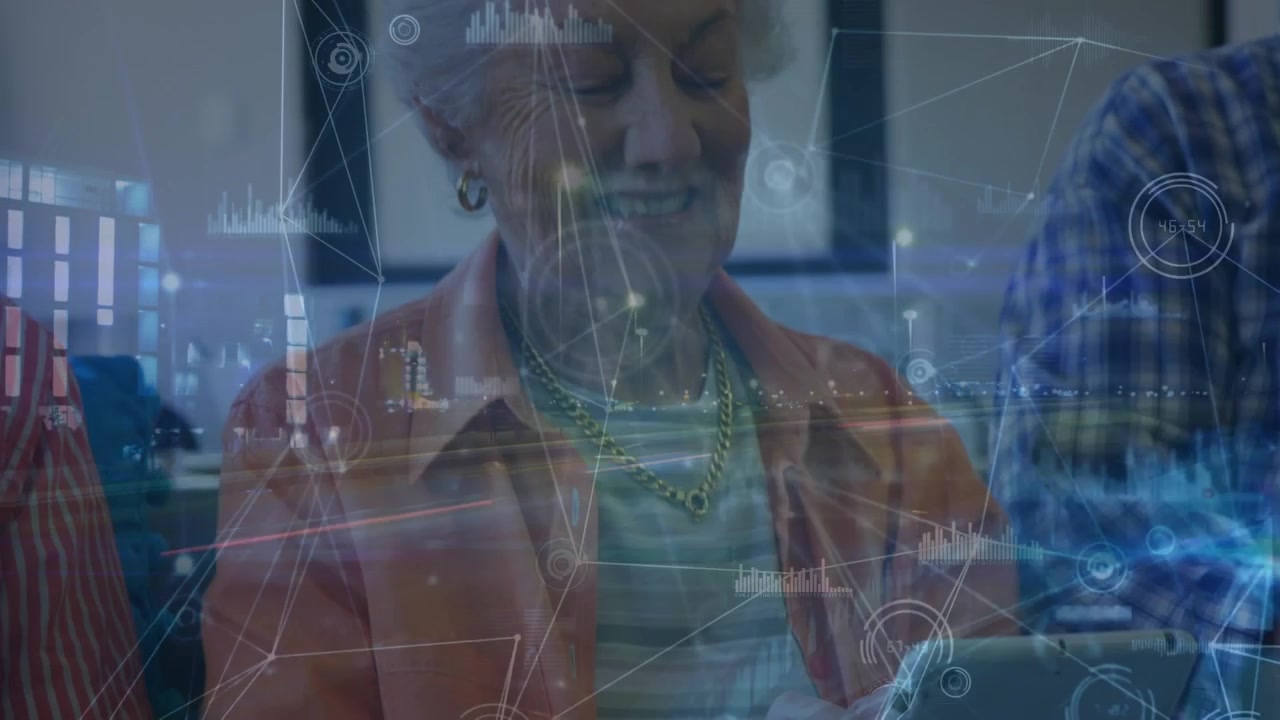 Animation of senior caucasian woman smiling and using tablet over data processing