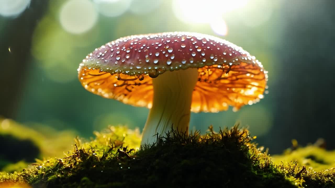 Sunlight slowly emerging behind a red and white mushroom in a shadowy forest creates a magical and mysterious atmosphere