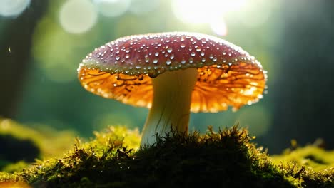 sunlight slowly emerging behind a red and white mushroom in a shadowy forest creates a magical and mysterious atmosphere