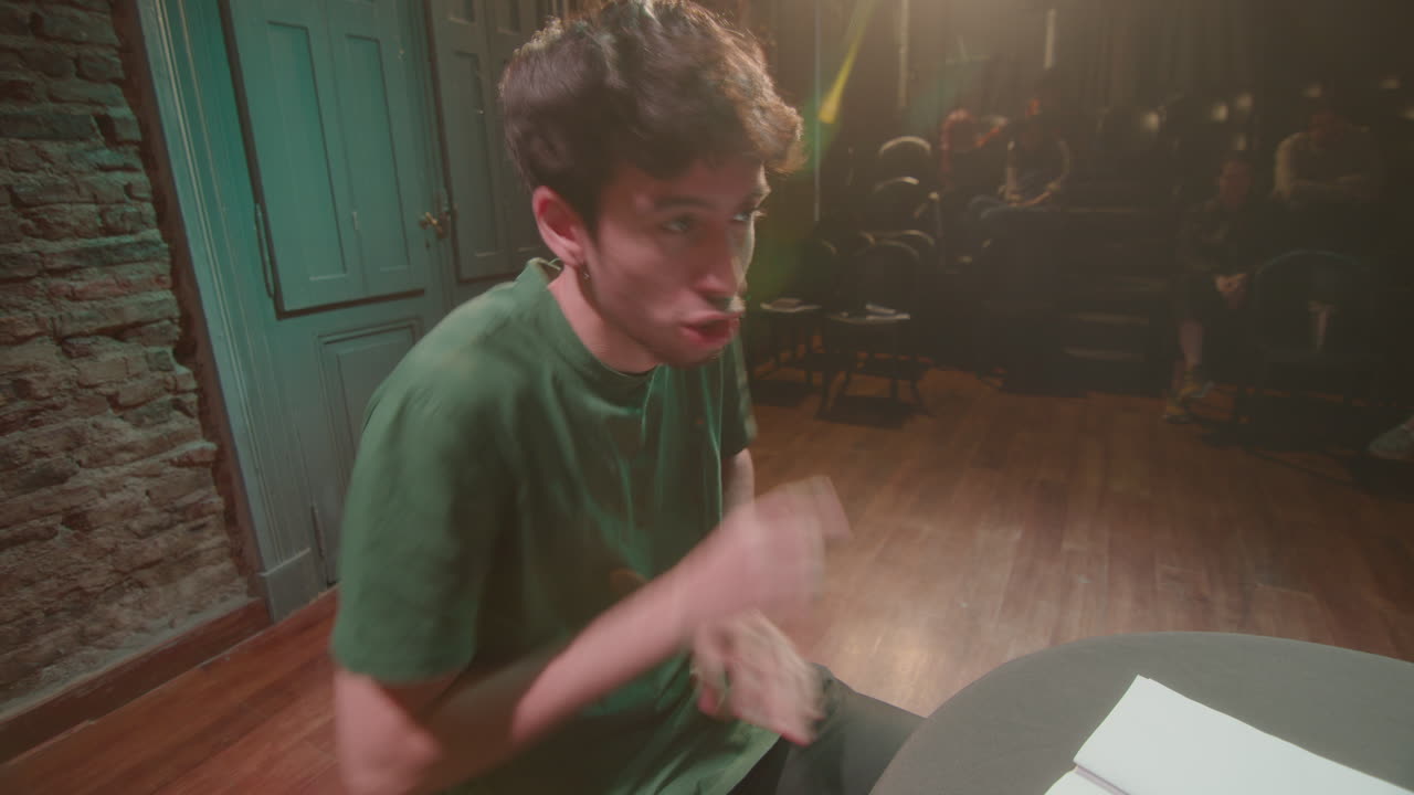 Emotional Actors Performing Dramatic Conflict on Rehearsal