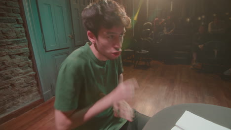 emotional actors performing dramatic conflict on rehearsal