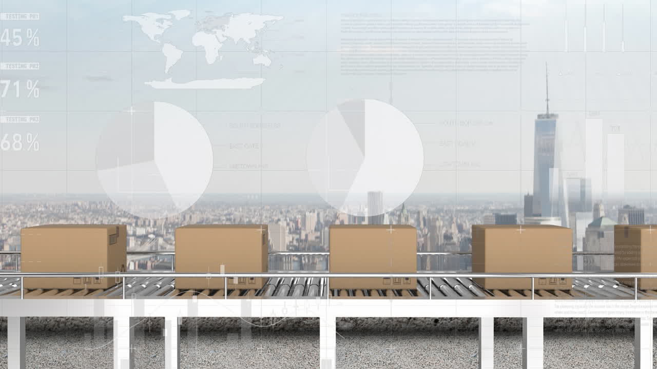 컨베이어 벨트와 도시 풍경에 있는 상자 위의 금융 데이터 처리 애니메이션