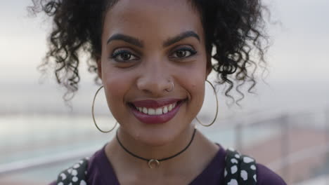 close up portrait of young beautiful hispanic woman smiling happy excited