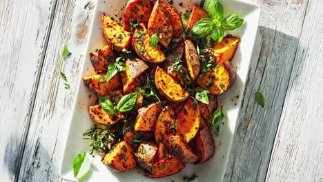 roasted sweet potato wedges with basil and thyme