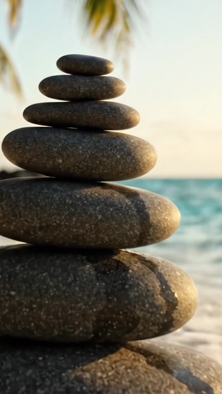 A Tranquil Scene of Carefully Balanced Stones at the Beach, Symbolizing Peace and Harmony Amidst the Soothing Sounds of Waves and Gentle Breezes