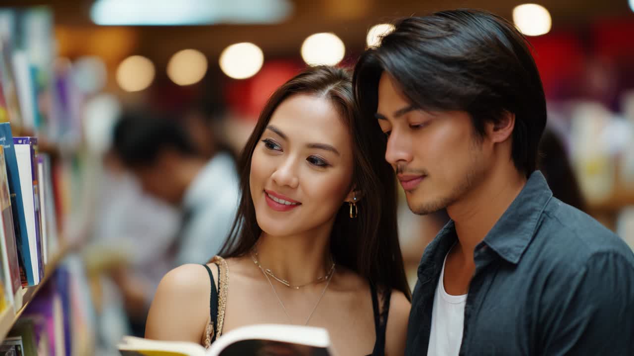 A couple shares a moment of connection while exploring books at a cozy bookstore, surrounded by shelves filled with colorful literature, creating a warm atmosphere of love and discovery