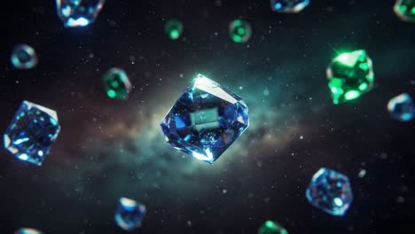 A Stunning Display of Precious Gems Drifting in a Cosmic Backdrop, Showcasing Their Brilliant Cuts, Radiant Colors, and Twinkling Reflective Surfaces in Outer Space