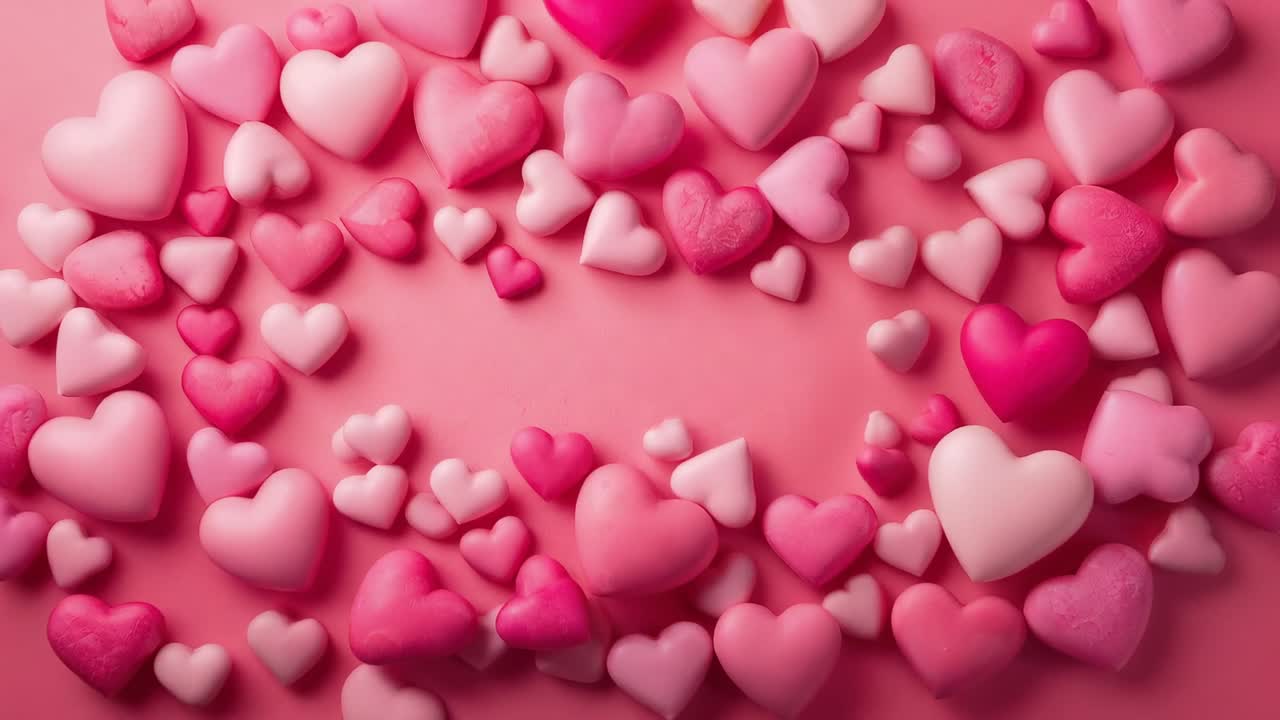 Cuori che si spostano e fluttuano verso l'interno su un tavolo rosa pastello a partire da una leggera spinta, raggruppandosi densamente