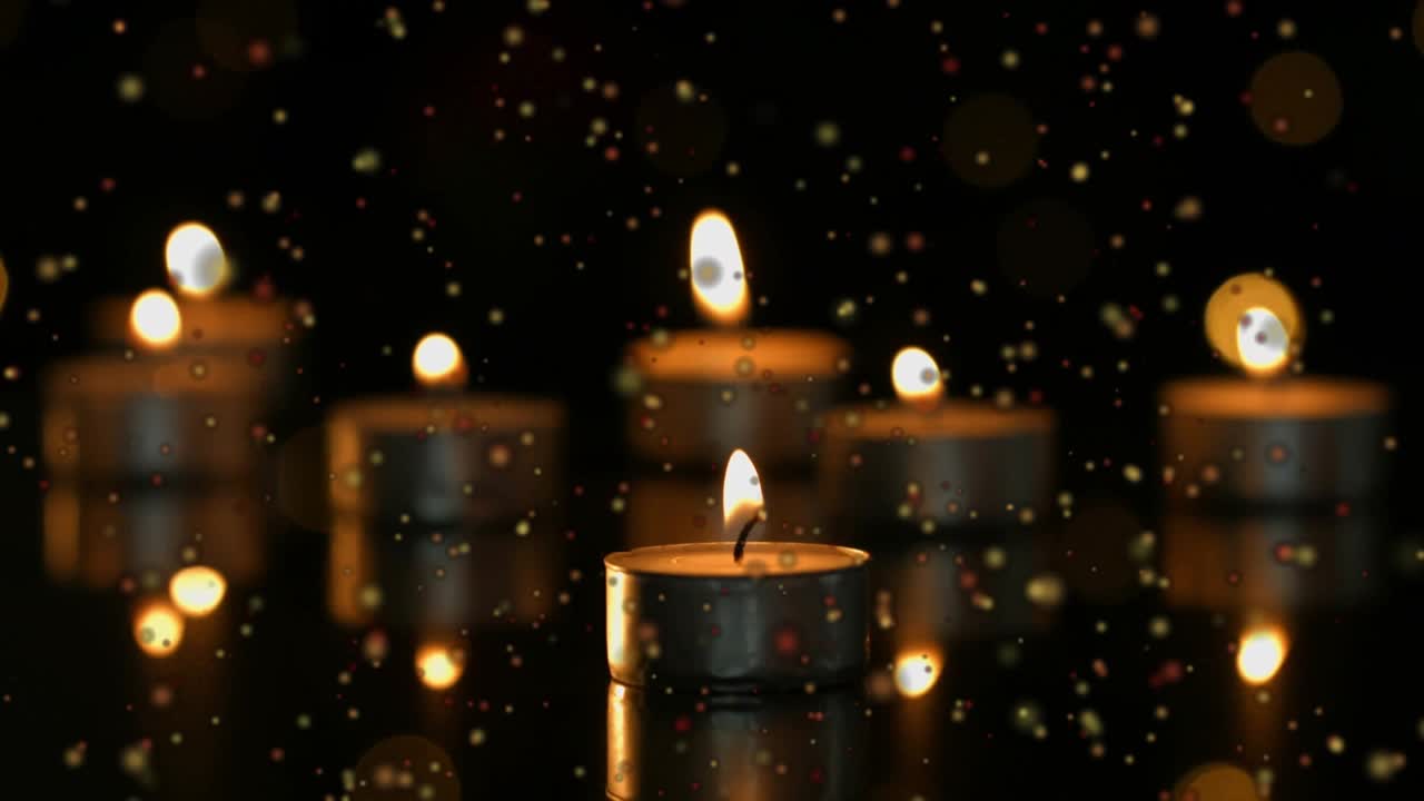 Dark opening bokeh circles emerging, camera sharpening focus revealing flickering tealight candles